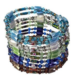 Magnetic Stacking Bracelet Lot Cloisonne Beaded Wrap Wire Blue Green Brown White